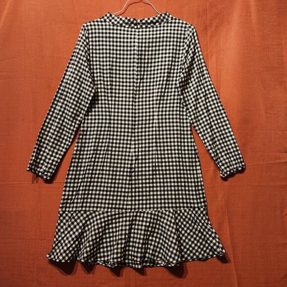 J.CREW Sz M Gingham Flannel Long Sleeve Funnel Neck Dress Ruffle Hem Jewel Hint - Picture 3 of 10